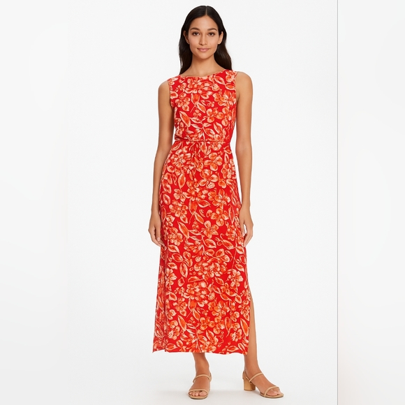 Vintage Dresses & Skirts - Daniel Laurent 90s Vintage Red Floral Maxi Dress Slit Dress Cottagecore